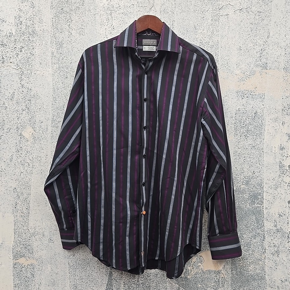 Thomas Dean Men's M Button Down Shirt Multicolor Stripe Contrast‎ Cuff Cotton